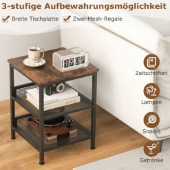3 Etagen Beistelltisch mit Metallgestell & 2 Gitterablagen Quadratischer Nachttisch Industrie Design
