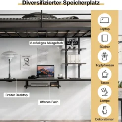 Etagenbettgestell Hochbett aus Metall mit Schreibtisch Leitern und Geländer Schwarz