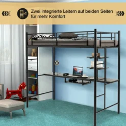 Etagenbettgestell Hochbett aus Metall mit Schreibtisch Leitern und Geländer Schwarz