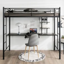 Etagenbettgestell Hochbett aus Metall mit Schreibtisch Leitern und Geländer Schwarz