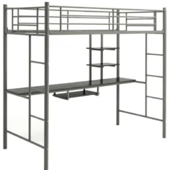 Etagenbettgestell Hochbett aus Metall mit Schreibtisch Leitern und Geländer Silber
