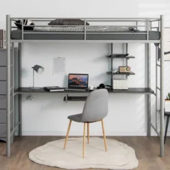 Etagenbettgestell Hochbett aus Metall mit Schreibtisch Leitern und Geländer Silber