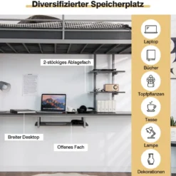 Etagenbettgestell Hochbett aus Metall mit Schreibtisch Leitern und Geländer Silber
