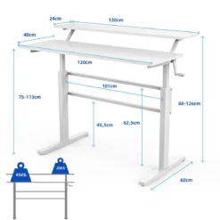 2-Etagen Höhenverstellbarer Ergonomischer Stehtisch Sitz-Steh-Schreibtisch 120 x 60 x 88-126 cm Weiß