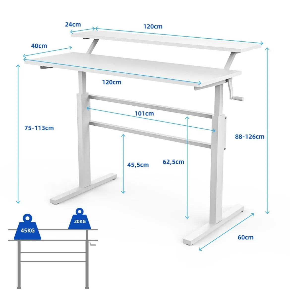 2-Etagen Höhenverstellbarer Ergonomischer Stehtisch Sitz-Steh-Schreibtisch 120 x 60 x 88-126 cm Weiß
