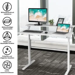 2-Etagen Höhenverstellbarer Ergonomischer Stehtisch Sitz-Steh-Schreibtisch 120 x 60 x 88-126 cm Weiß