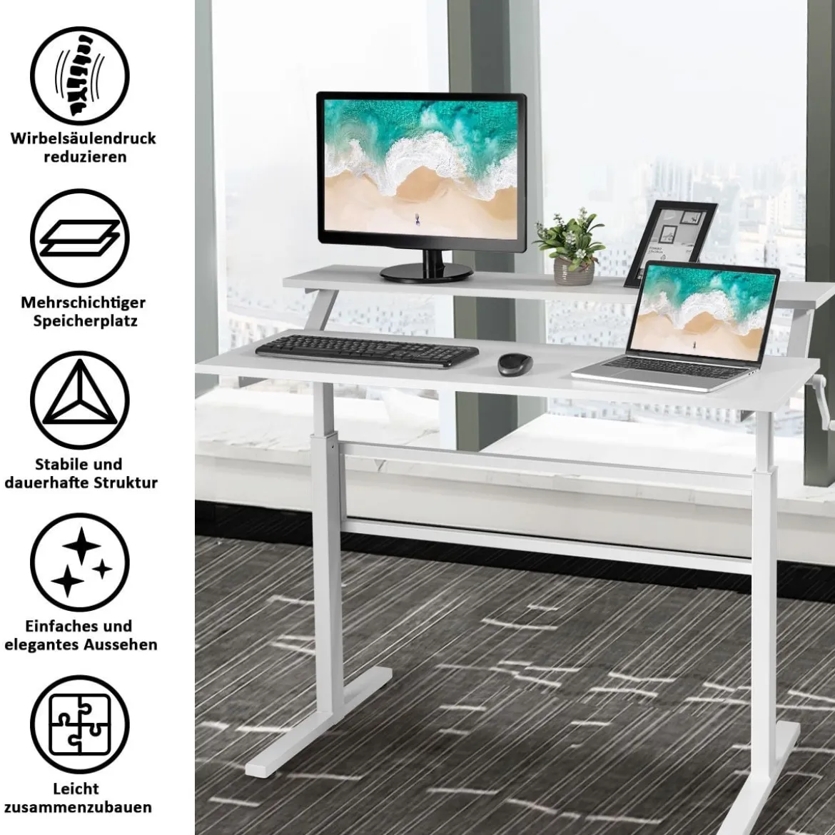 2-Etagen Höhenverstellbarer Ergonomischer Stehtisch Sitz-Steh-Schreibtisch 120 x 60 x 88-126 cm Weiß