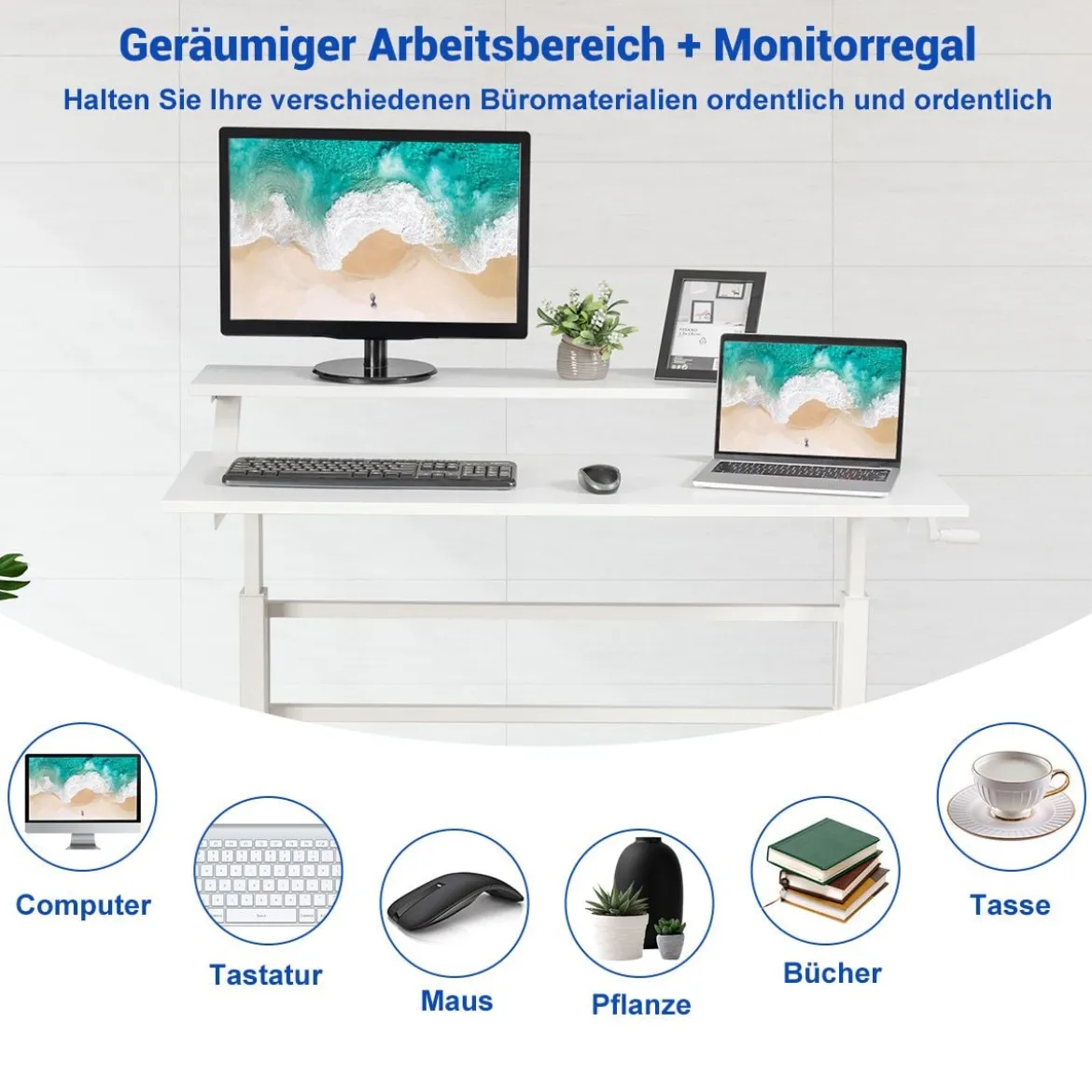 2-Etagen Höhenverstellbarer Ergonomischer Stehtisch Sitz-Steh-Schreibtisch 120 x 60 x 88-126 cm Weiß