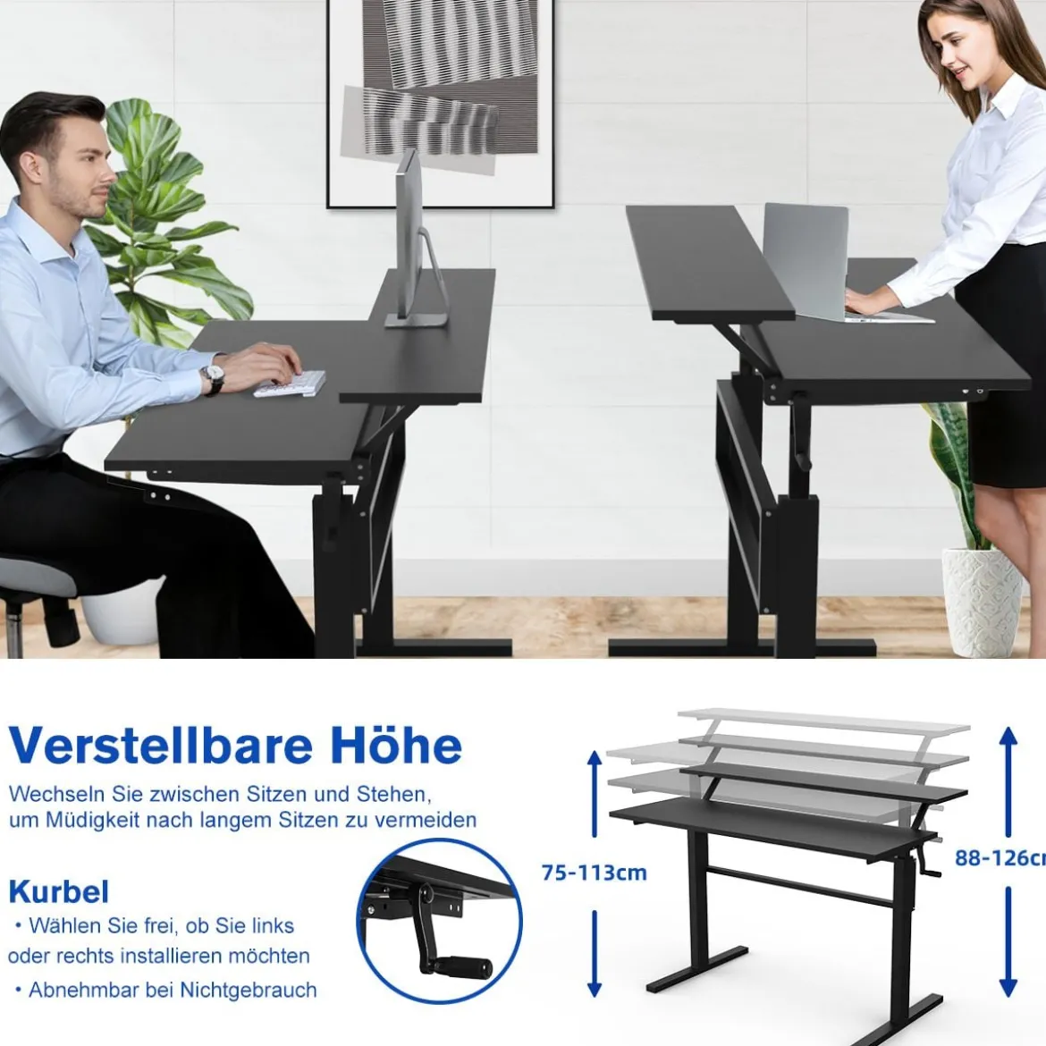 2-Etagen Höhenverstellbarer Sitz-Steh-Schreibtisch Ergonomischer Computertisch 120 x 60 x 88-126 cm Schwarz
