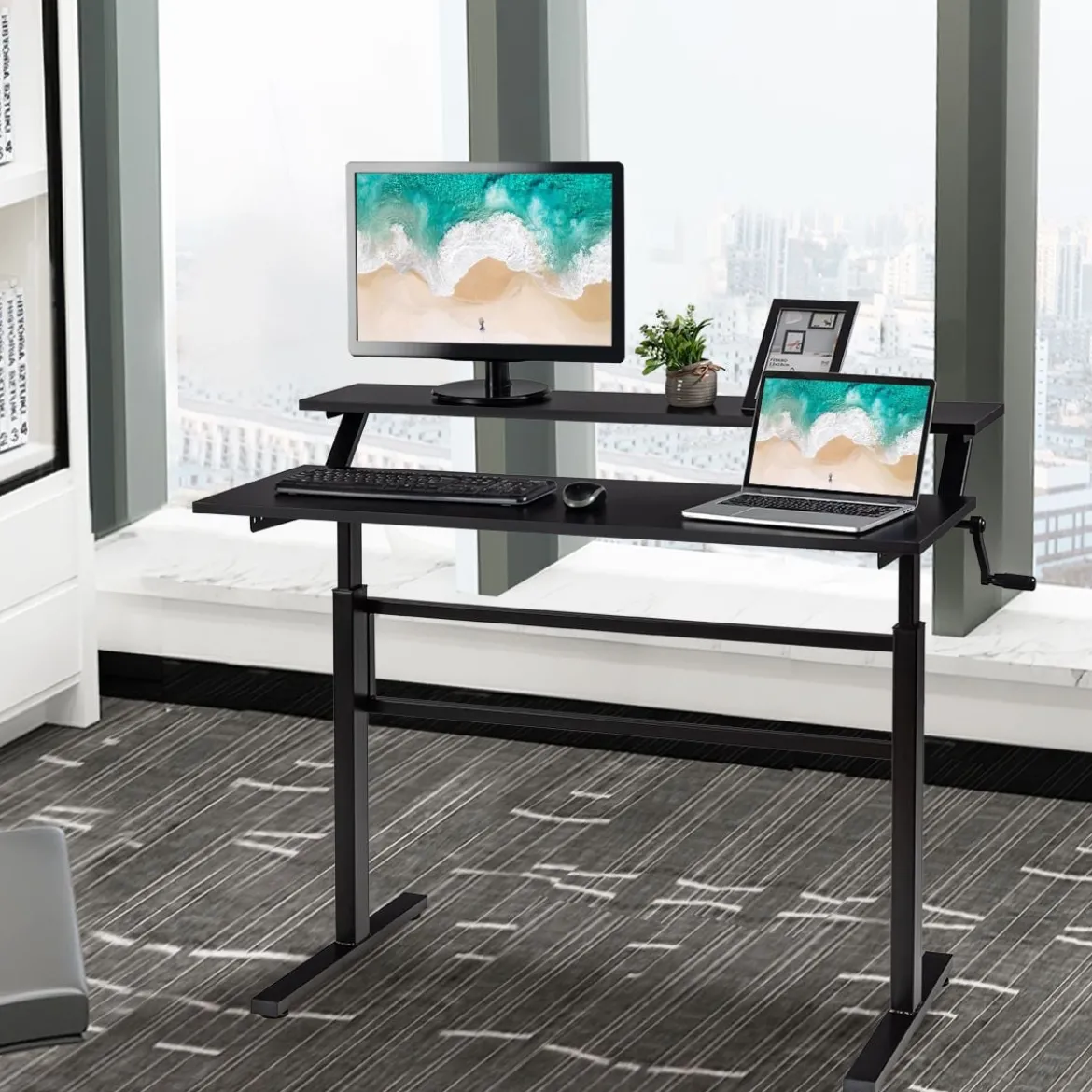 2-Etagen Höhenverstellbarer Sitz-Steh-Schreibtisch Ergonomischer Computertisch 120 x 60 x 88-126 cm Schwarz