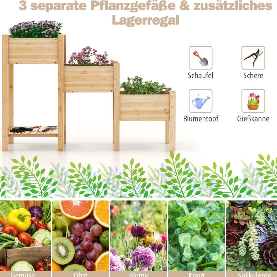 3 Etagen Hochbeet aus Holz mit Entwässerungslöchern Erhöhtes Gartenbeet Natur