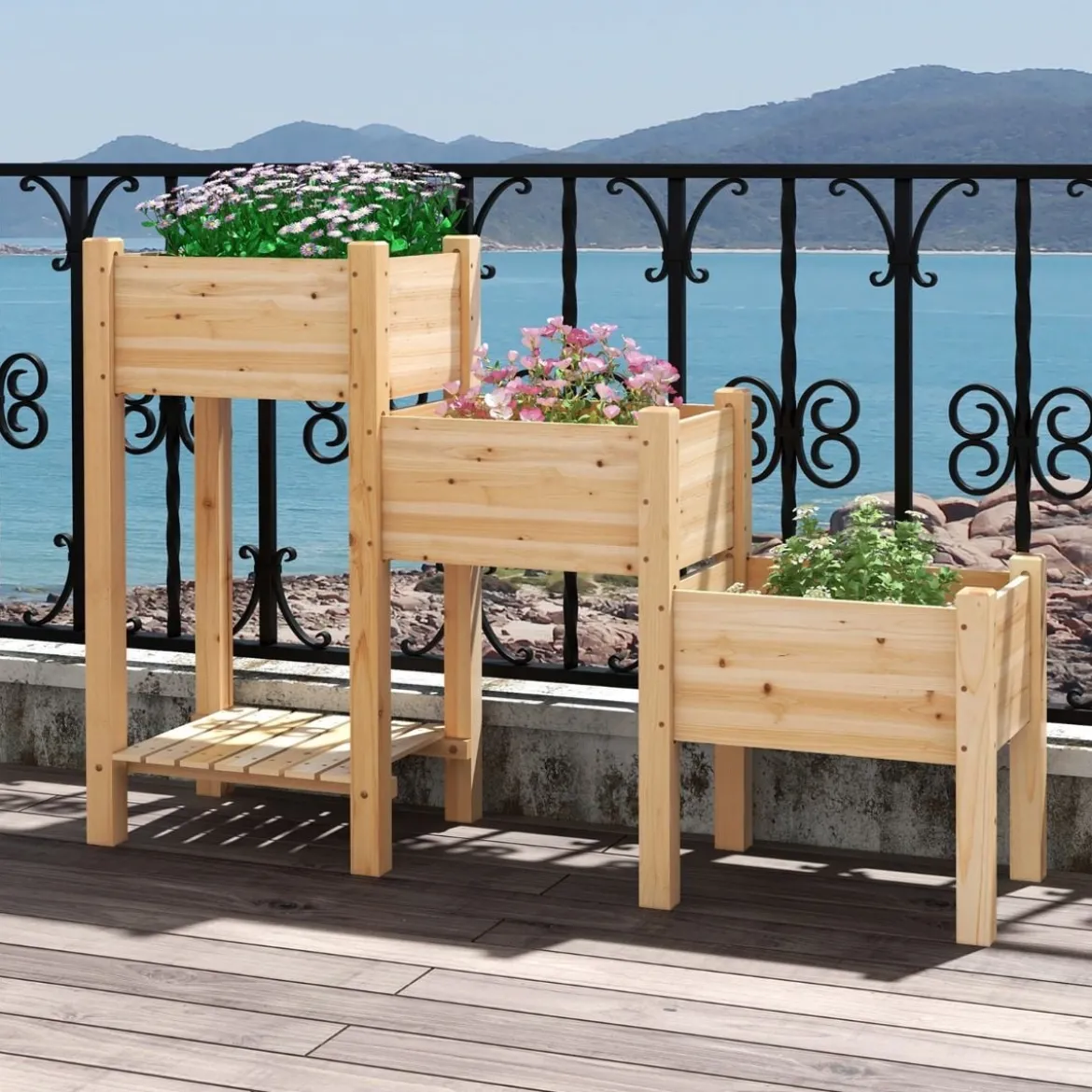 3 Etagen Hochbeet aus Holz mit Entwässerungslöchern Erhöhtes Gartenbeet Natur