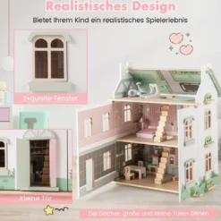 3 Etagen Holz Puppenhaus mit Doppelseitigen Dächern & zu Öffnenden Türen Puppenstube