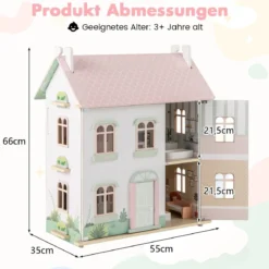 3 Etagen Holz Puppenhaus mit Doppelseitigen Dächern & zu Öffnenden Türen Puppenstube