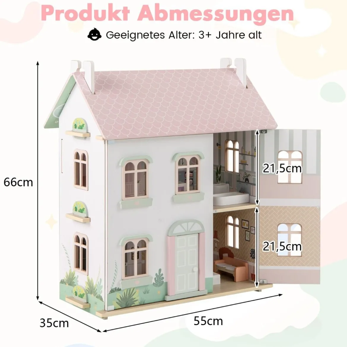 3 Etagen Holz Puppenhaus mit Doppelseitigen Dächern & zu Öffnenden Türen Puppenstube