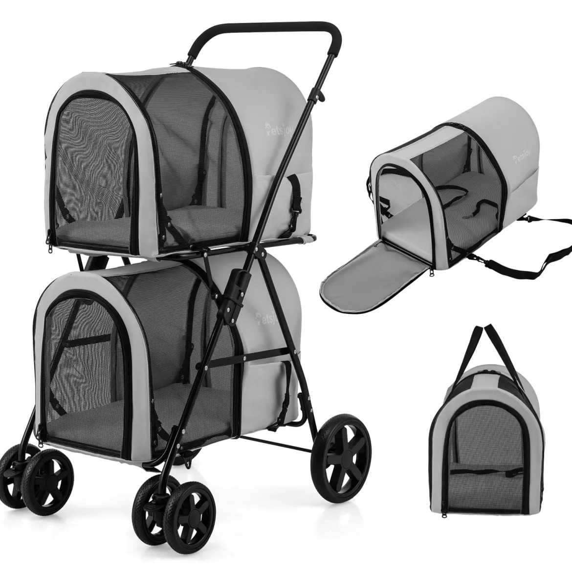 2 Etagen Hundewagen bis 16 kg Hundebuggy mit Netzfenstern Getränkehalter Grau
