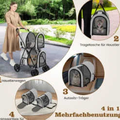 2 Etagen Hundewagen bis 16 kg Hundebuggy mit Netzfenstern Getränkehalter Grau