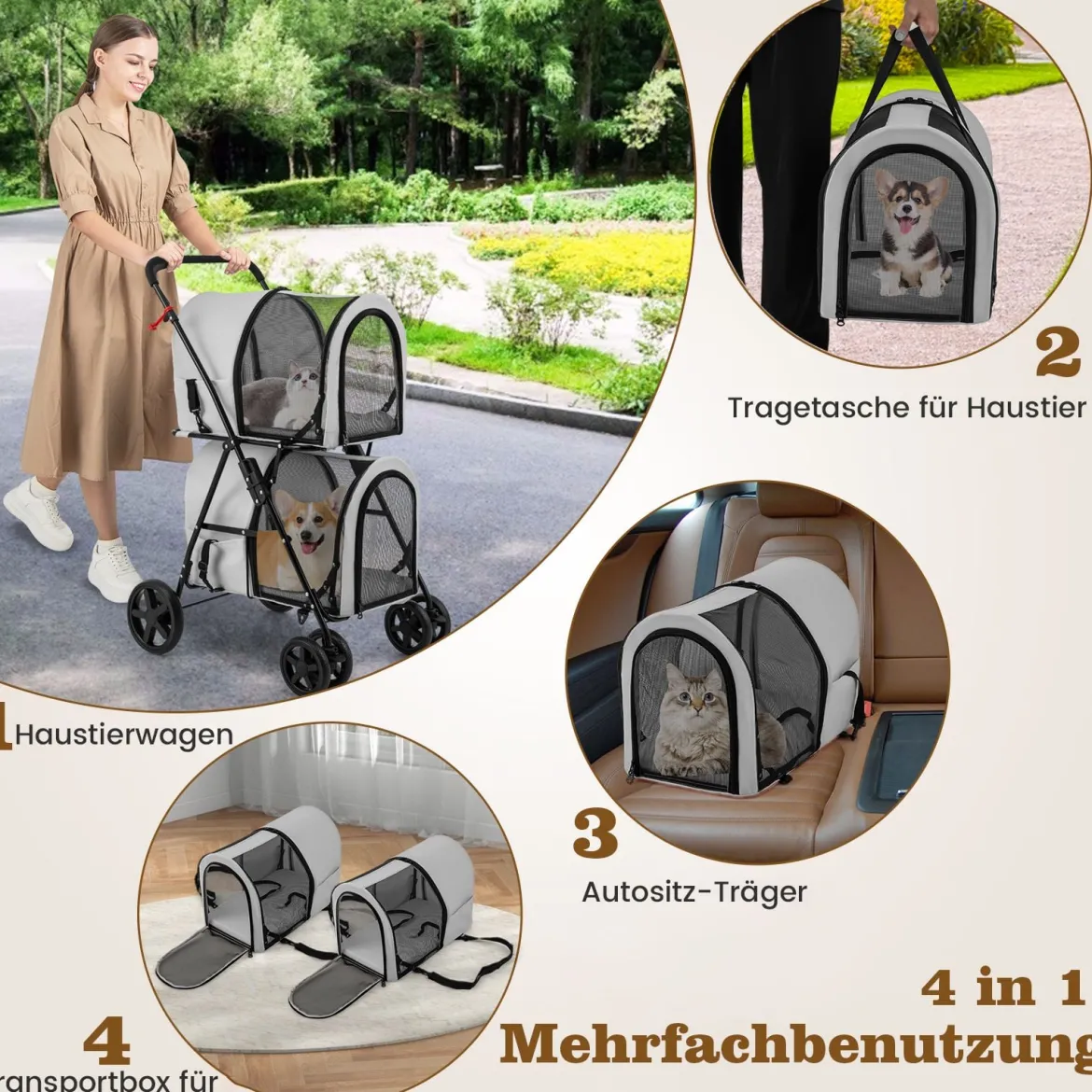 2 Etagen Hundewagen bis 16 kg Hundebuggy mit Netzfenstern Getränkehalter Grau
