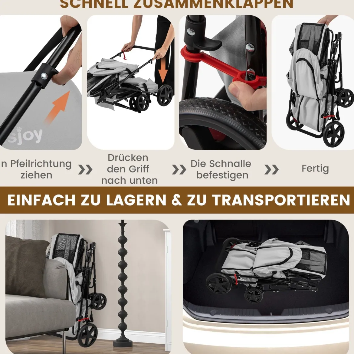 2 Etagen Hundewagen bis 16 kg Hundebuggy mit Netzfenstern Getränkehalter Grau