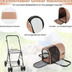 2 Etagen Hundewagen bis 16 kg Hundebuggy mit Netzfenstern Getränkehalter Beige
