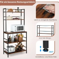 5-Etagen Küchenregal mit Aufsatz & offenen Regalen Anti-Kipp-Vorrichtung freistehendes Küchen-lagerregal Rustikales Braun