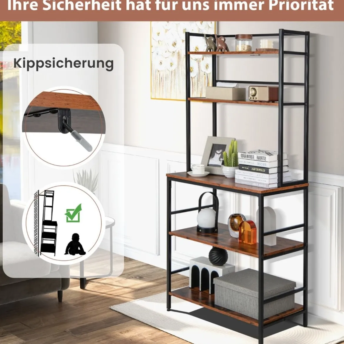 5-Etagen Küchenregal mit Aufsatz & offenen Regalen Anti-Kipp-Vorrichtung freistehendes Küchen-lagerregal Rustikales Braun