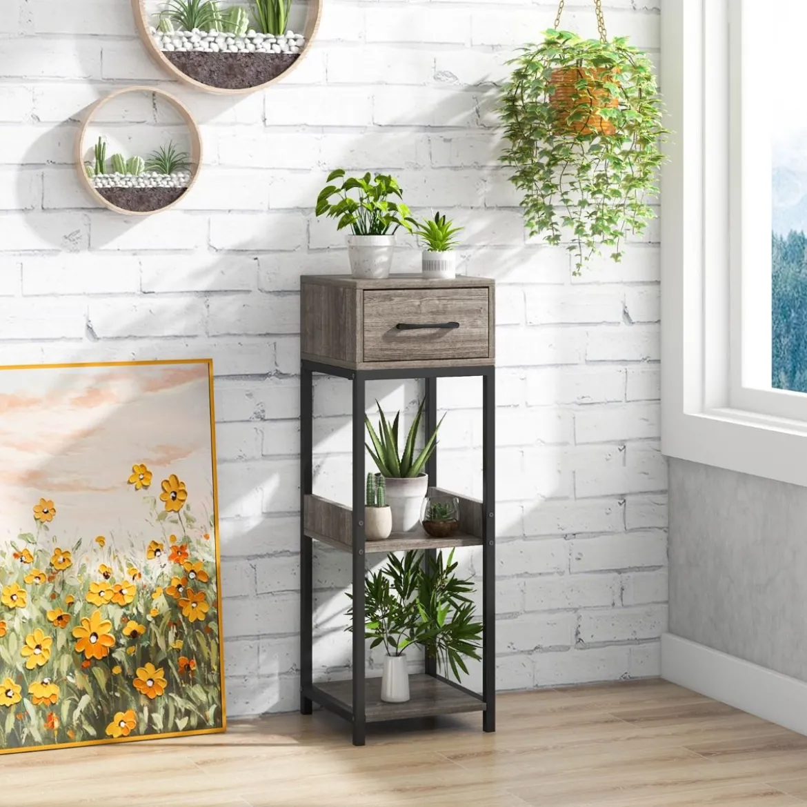 3 Etagen Metall-Pflanzenständer Blumenständer mit Schublade Holz 30,5 x 30,5 x 92 cm (1 Pack)