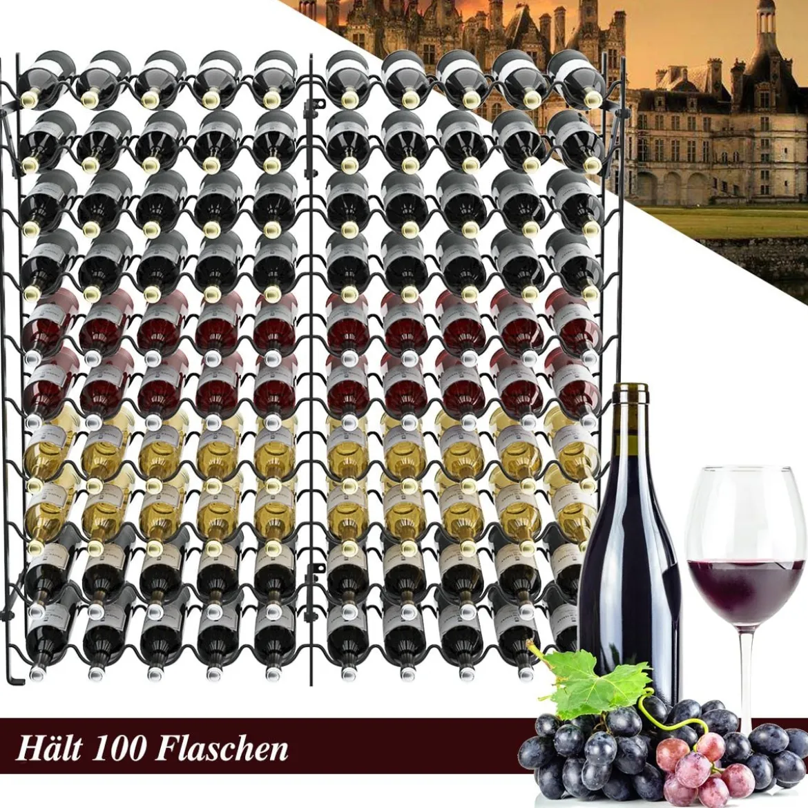10 Etagen Metall Weinregal für 100 Flaschen Flaschenregal 150 kg Belastbar Weinständer Schwarz