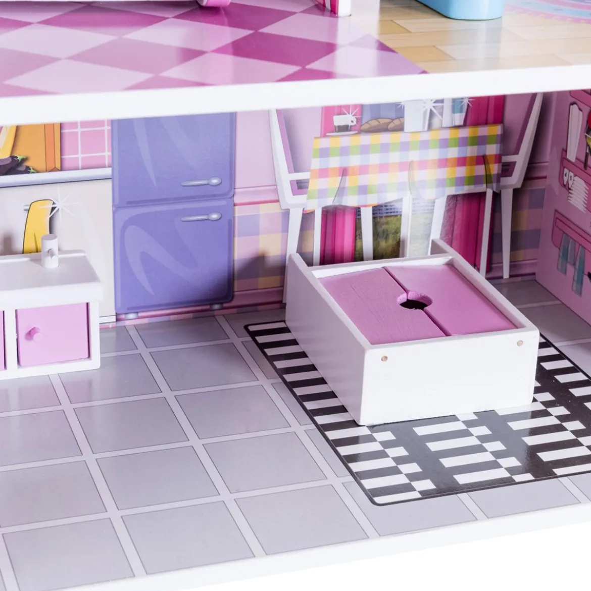 3 Etagen Puppenhaus aus Holz Puppenstube mit Möbeln & Zubehör Puppenvilla Mädchen Rosa
