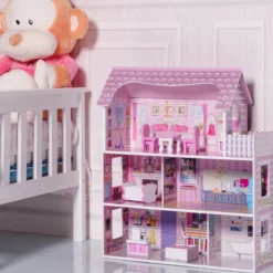 3 Etagen Puppenhaus aus Holz Puppenstube mit Möbeln & Zubehör Puppenvilla Mädchen Rosa
