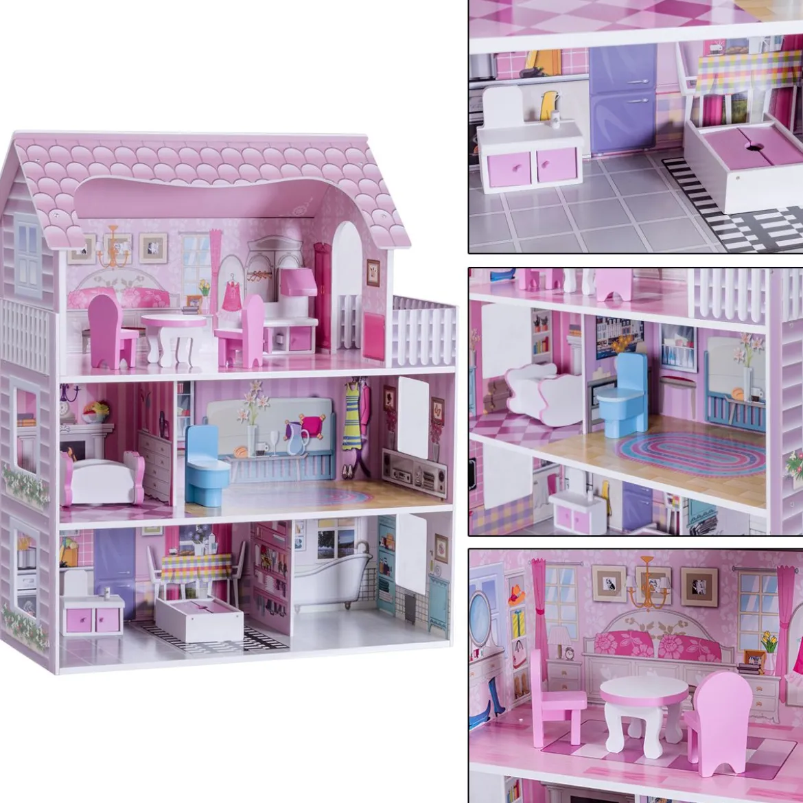 3 Etagen Puppenhaus aus Holz Puppenstube mit Möbeln & Zubehör Puppenvilla Mädchen Rosa