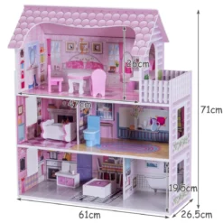 3 Etagen Puppenhaus aus Holz Puppenstube mit Möbeln & Zubehör Puppenvilla Mädchen Rosa