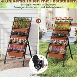 5 Etagen Vertikales Hochbeet mit Rollen Blumenbeet mit Pflanzkästen Blumenkasten