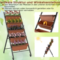 5 Etagen Vertikales Hochbeet mit Rollen Blumenbeet mit Pflanzkästen Blumenkasten