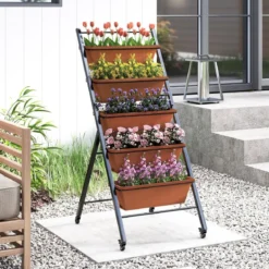 5 Etagen Vertikales Hochbeet mit Rollen Blumenbeet mit Pflanzkästen Blumenkasten