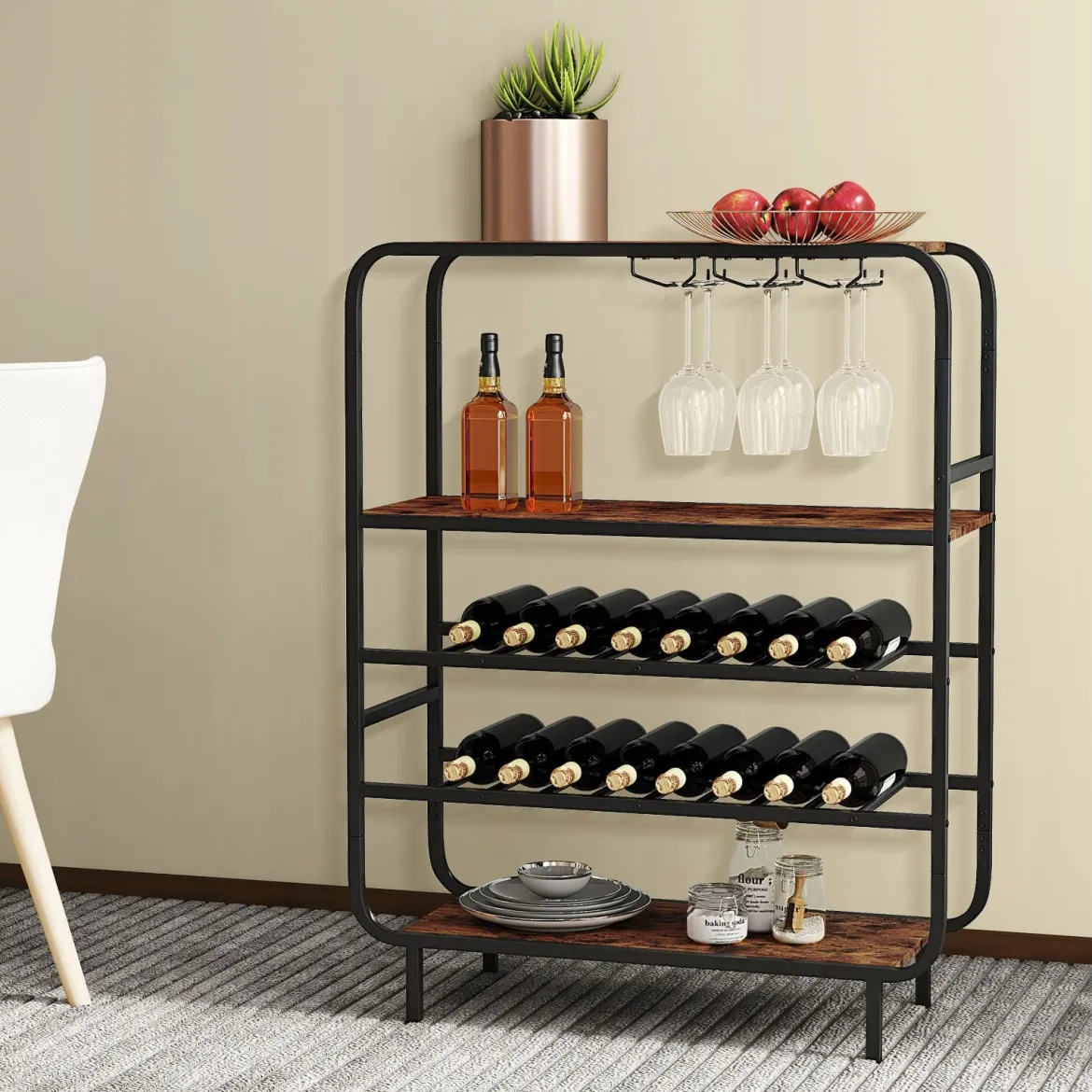 5 Etagen Weinregal für 16 Flaschen mit Glashaltern Flaschenregal Weinständer 90 x 35 x 117 cm