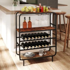 5 Etagen Weinregal für 16 Flaschen mit Glashaltern Flaschenregal Weinständer 90 x 35 x 117 cm