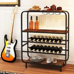 5 Etagen Weinregal für 16 Flaschen mit Glashaltern Flaschenregal Weinständer 90 x 35 x 117 cm