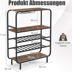 5 Etagen Weinregal für 16 Flaschen mit Glashaltern Flaschenregal Weinständer 90 x 35 x 117 cm