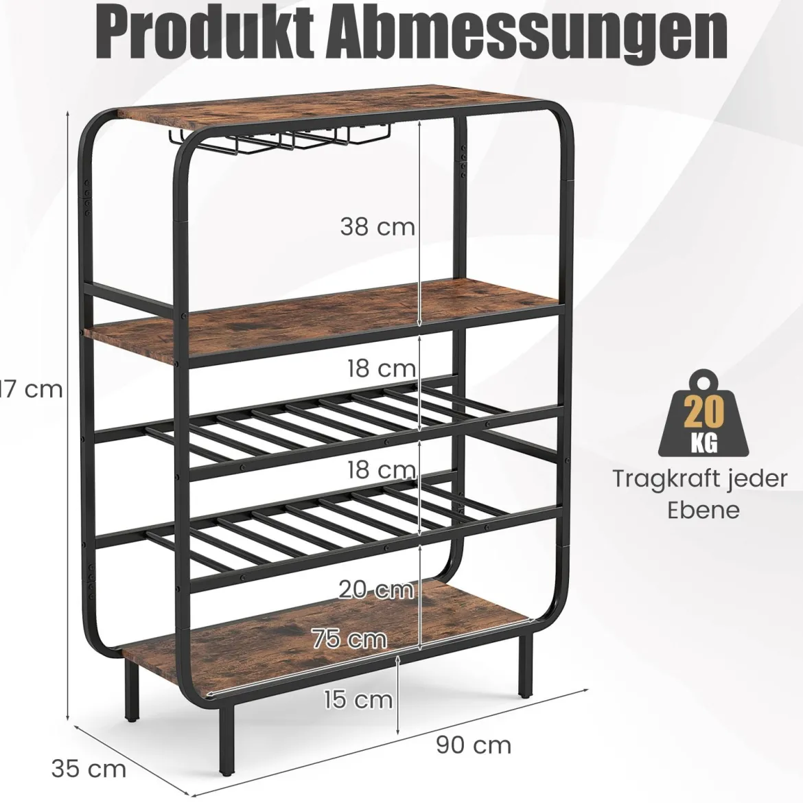 5 Etagen Weinregal für 16 Flaschen mit Glashaltern Flaschenregal Weinständer 90 x 35 x 117 cm