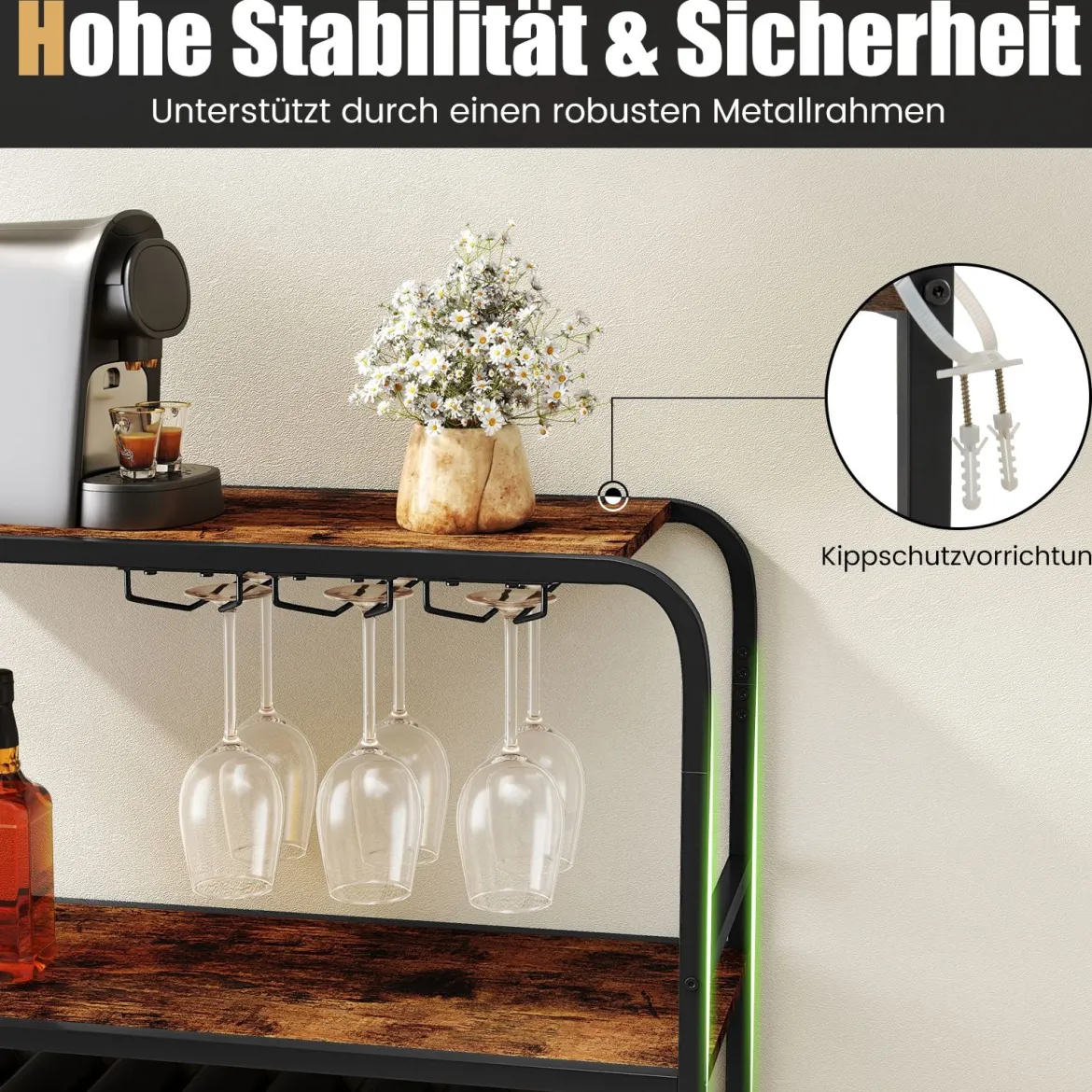 5 Etagen Weinregal für 16 Flaschen mit Glashaltern Flaschenregal Weinständer 90 x 35 x 117 cm
