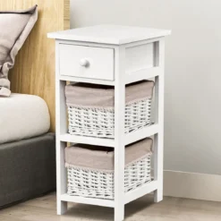 3-etagiger Nachttisch mit Schublade und 2 Aufbewahrungskörben 28 x 26 x 59,5 cm Weiß + Beige