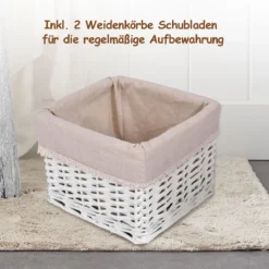 3-etagiger Nachttisch mit Schublade und 2 Aufbewahrungskörben 28 x 26 x 59,5 cm Weiß + Beige