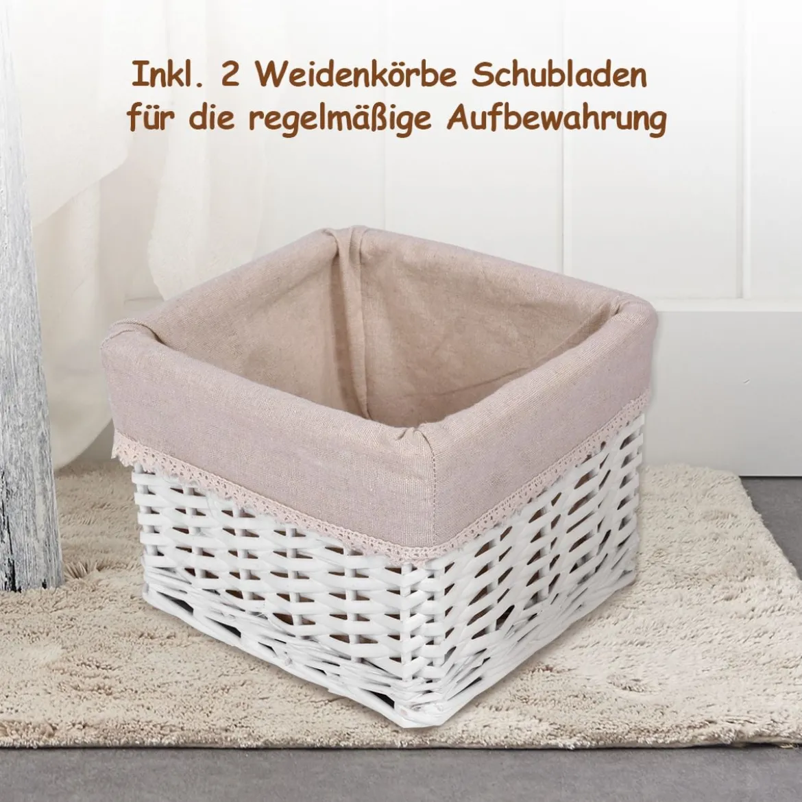 3-etagiger Nachttisch mit Schublade und 2 Aufbewahrungskörben 28 x 26 x 59,5 cm Weiß + Beige