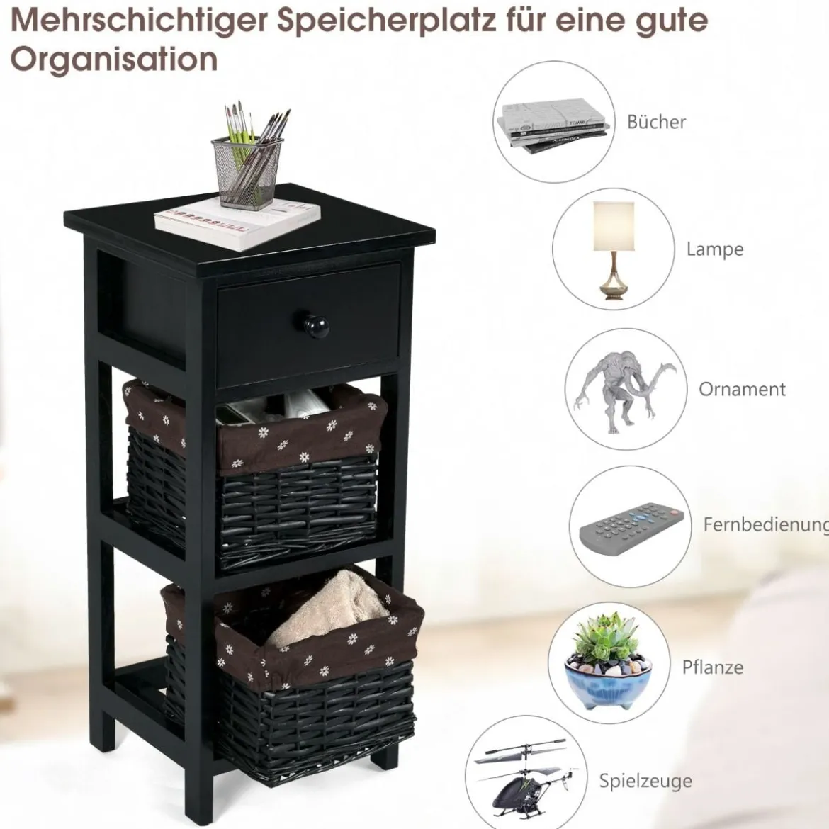 3-etagiger Nachttisch mit 1 Schublade und 2 Aufbewahrungskörben Schwarz