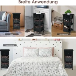 3-etagiger Nachttisch mit 1 Schublade und 2 Aufbewahrungskörben Schwarz