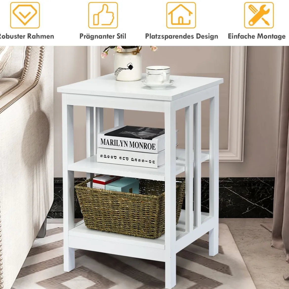 3-Etagiger Nachttisch Sofatisch Couchtisch für Schlafzimmer 40 x 40 x 61 cm Weiß