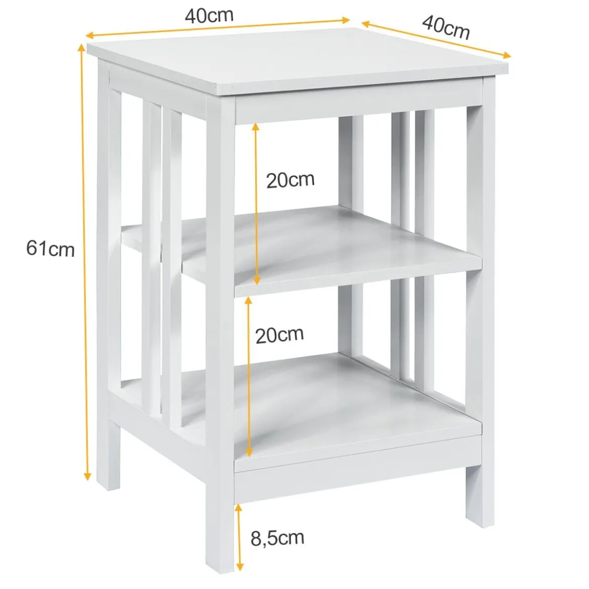 3-Etagiger Nachttisch Sofatisch Couchtisch für Schlafzimmer 40 x 40 x 61 cm Weiß