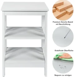 3-Etagiger Nachttisch Sofatisch Couchtisch für Schlafzimmer 40 x 40 x 61 cm Weiß