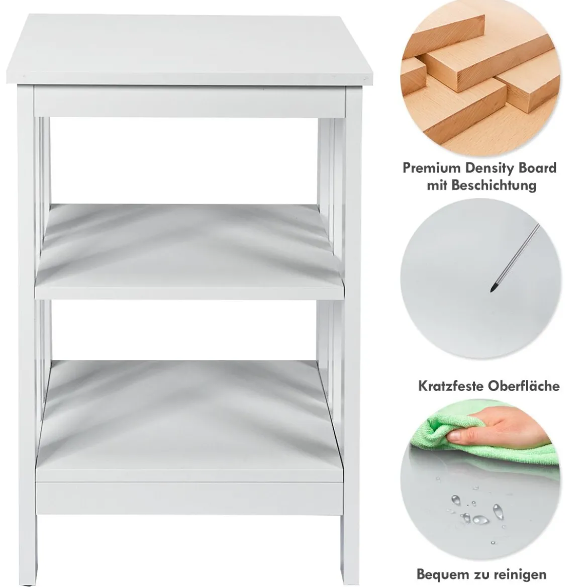 3-Etagiger Nachttisch Sofatisch Couchtisch für Schlafzimmer 40 x 40 x 61 cm Weiß